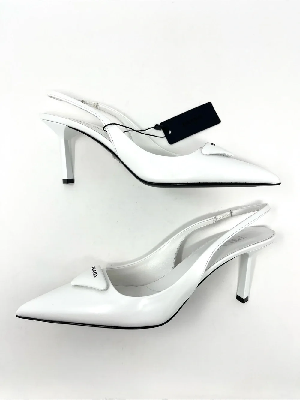 NEW Prada Triangle Logo White Brushed Leather Slingback High Heels Pumps 37 7
